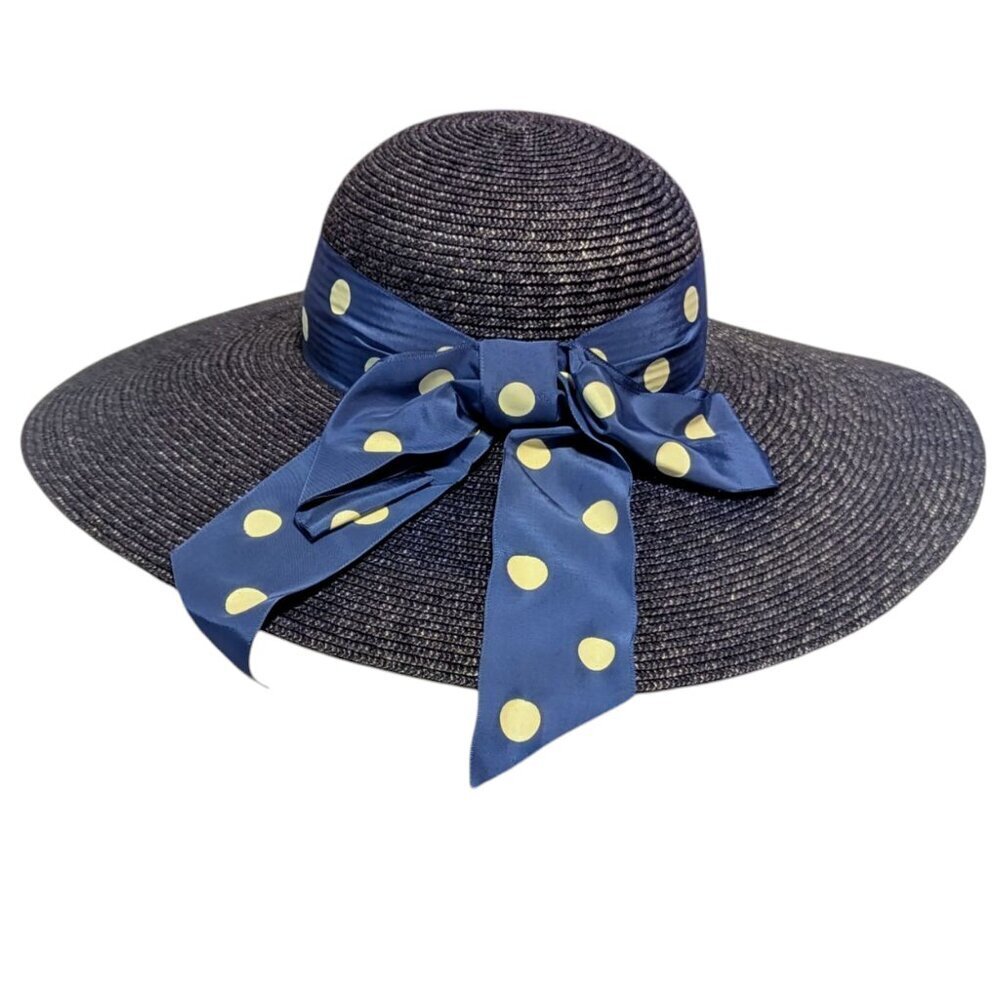 Vintage Betmar Hat Straw Wide Brim Polka‎ Dot Bow Derby Church Easter Prep Girly